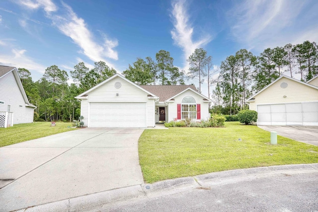 single story home with a garage and a front lawn