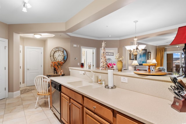 kitchen with light tile patterned floors, dishwasher, a chandelier, sink, and ornamental molding