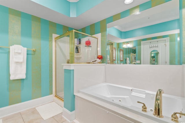 bathroom with crown molding, independent shower and bath, and tile patterned floors