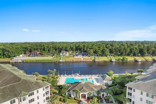 drone / aerial view with a water view