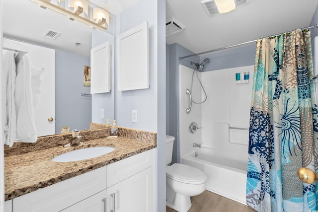 full bathroom with wood-type flooring, vanity, toilet, and shower / bath combination with curtain