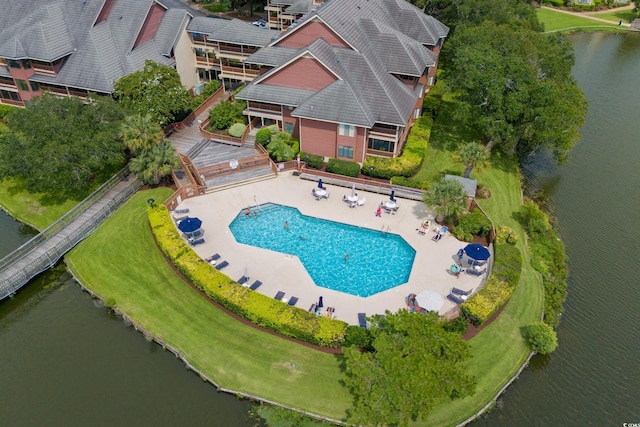 drone / aerial view with a water view