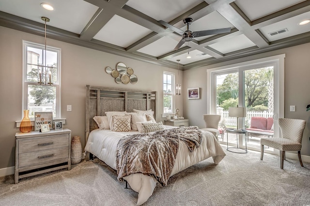 bedroom with coffered ceiling, ceiling fan, beam ceiling, and light colored carpet