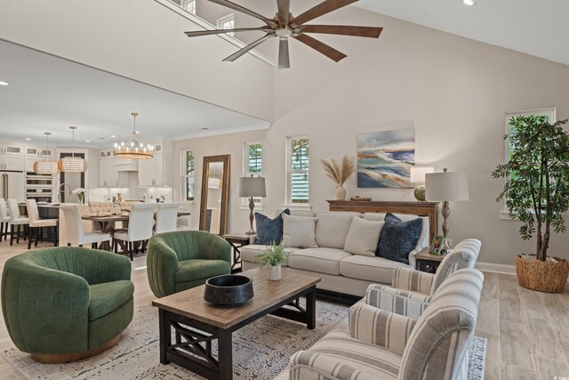 405 N Highland Way, Myrtle Beach, SC 29572 - living area featuring ceiling fan, recessed lighting, baseboards, light wood-style flooring, and a chandelier