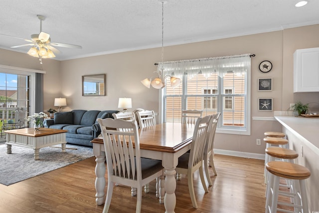 dining room with light hardwood / wood-style floors, ornamental molding, ceiling fan, and a textured ceiling