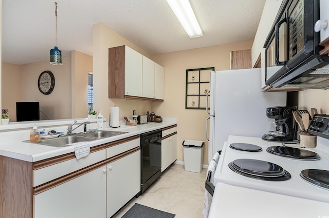 kitchen featuring sink, white cabinetry, pendant lighting, a textured ceiling, and black appliances