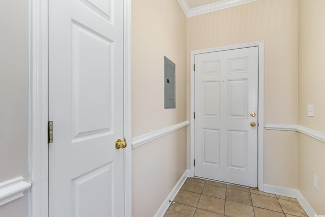 doorway with electric panel, baseboards, ornamental molding, and light tile patterned floors