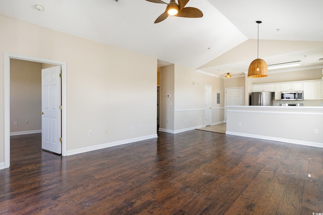 unfurnished living room with baseboards, dark wood-style floors, ceiling fan, and vaulted ceiling