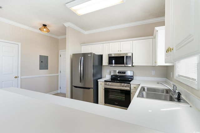 kitchen featuring light countertops, crown molding, a sink, appliances with stainless steel finishes, and electric panel