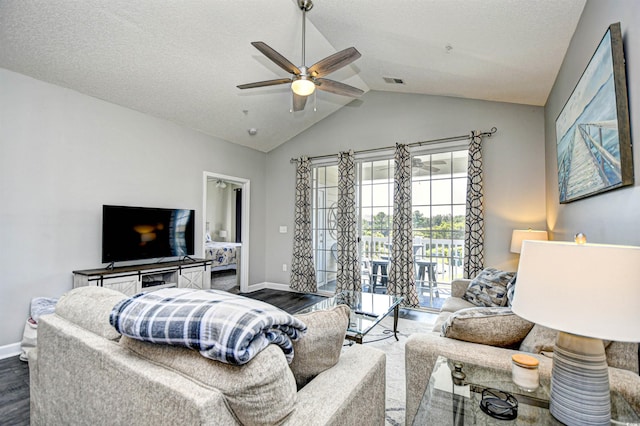 5801 Oyster Catcher Dr Unit 434, North Myrtle Beach, SC 29582 - living room with a ceiling fan, lofted ceiling, and dark wood-type flooring