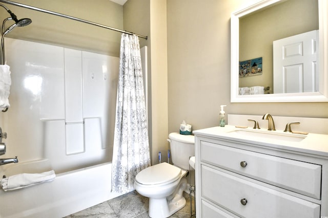 full bathroom with tile patterned floors, toilet, vanity, and shower / bathtub combination with curtain