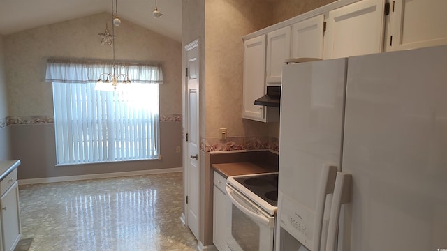 kitchen with white appliances, lofted ceiling, decorative light fixtures, under cabinet range hood, and white cabinetry