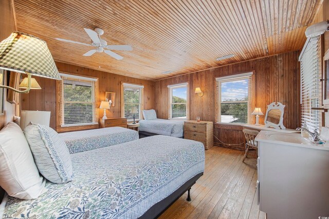 bedroom with wood ceiling, wood-type flooring, wood walls, and ceiling fan