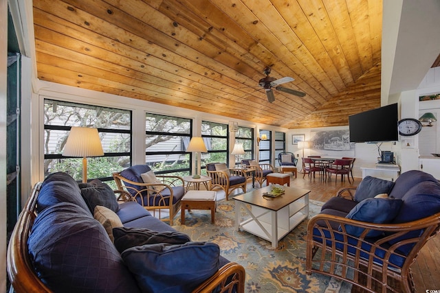 living room featuring wood ceiling, lofted ceiling, hardwood / wood-style flooring, and ceiling fan