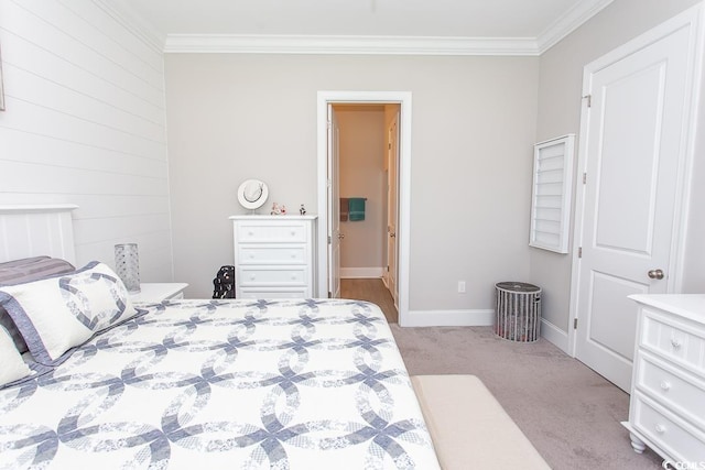 bedroom with light colored carpet and ornamental molding