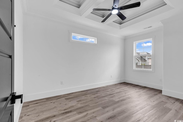 spare room with coffered ceiling, crown molding, ceiling fan, and light wood-type flooring