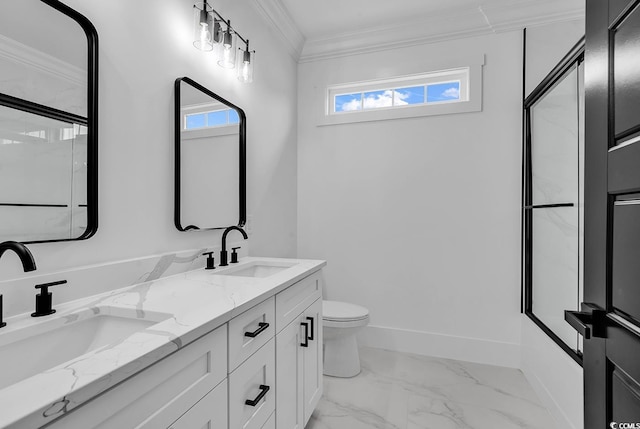 bathroom with an enclosed shower, crown molding, vanity, and toilet