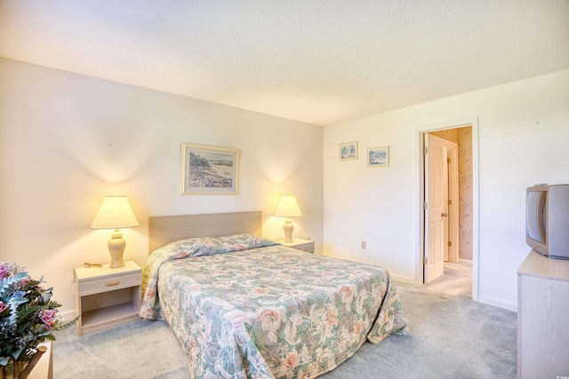 bedroom featuring a textured ceiling and light carpet