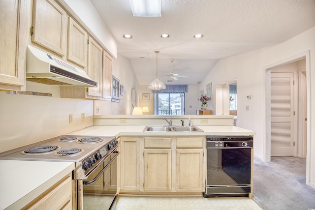 kitchen featuring sink, high quality stove, dishwasher, kitchen peninsula, and lofted ceiling