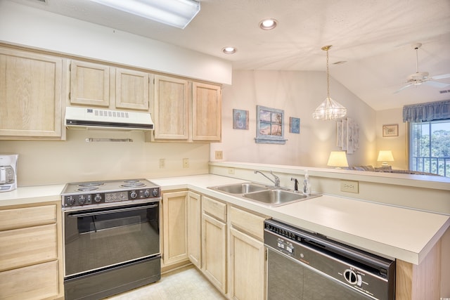 kitchen with light brown cabinetry, sink, kitchen peninsula, black appliances, and lofted ceiling