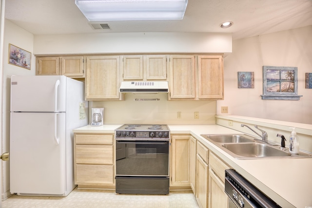 4103 Pinehurst Cir Unit Bb-12, Little River, SC 29566 - kitchen featuring freestanding refrigerator, electric range, under cabinet range hood, light brown cabinetry, and recessed lighting