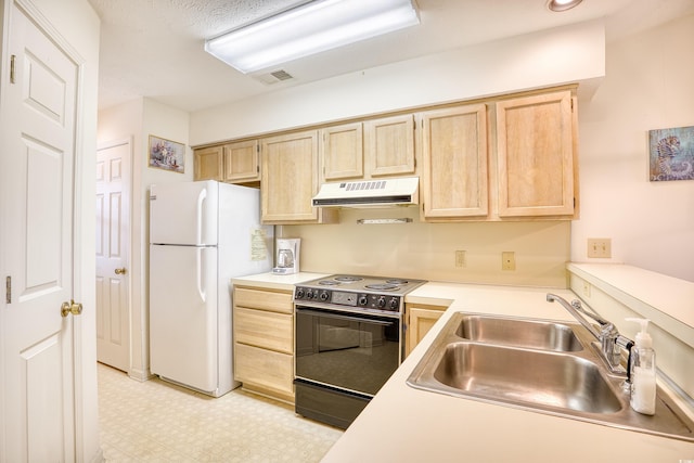 kitchen featuring light tile patterned flooring, sink, white fridge, light brown cabinetry, and black stove