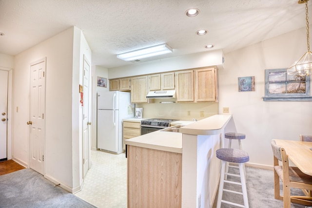 kitchen featuring stainless steel stove, light colored carpet, white refrigerator, and light brown cabinetry