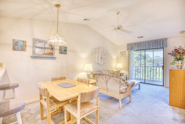 4103 Pinehurst Cir Unit Bb-12, Little River, SC 29566 - dining room featuring light colored carpet, a chandelier, lofted ceiling, and a ceiling fan