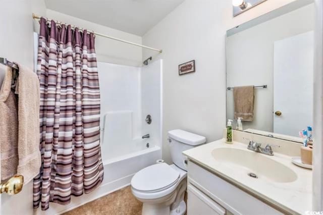 full bathroom with vanity, shower / bath combination with curtain, and toilet