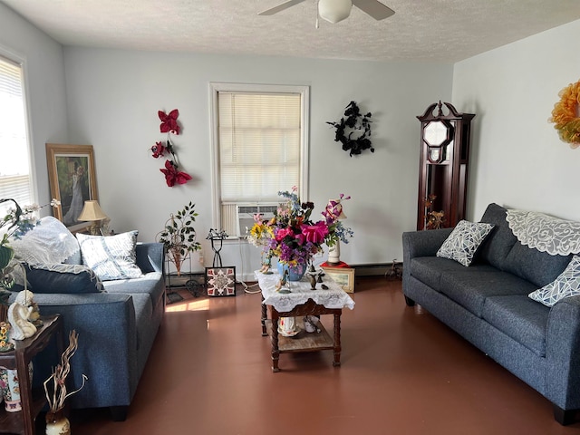 living room featuring ceiling fan, a textured ceiling, and cooling unit