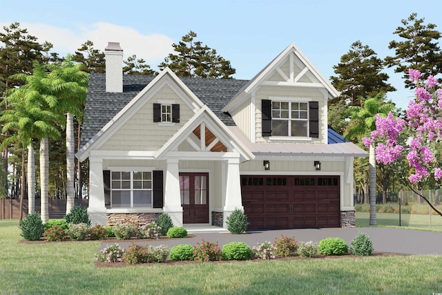 view of front of house featuring a chimney, driveway, stone siding, a garage, and a shingled roof