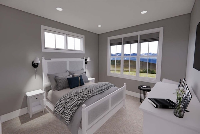 bedroom featuring light carpet, multiple windows, and a water view