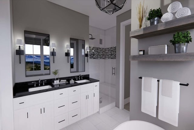 bathroom with tile patterned flooring, a tile shower, and dual bowl vanity