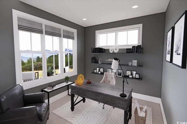 office area featuring baseboards, recessed lighting, and carpet flooring