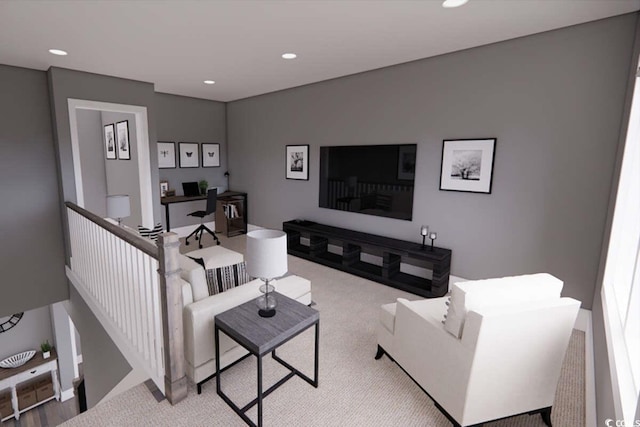living room with carpet floors and recessed lighting