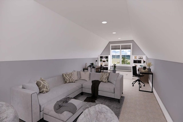 living room featuring lofted ceiling and carpet