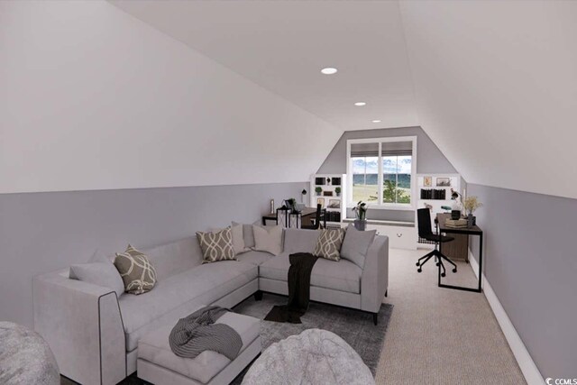 carpeted living area with baseboards, vaulted ceiling, and recessed lighting
