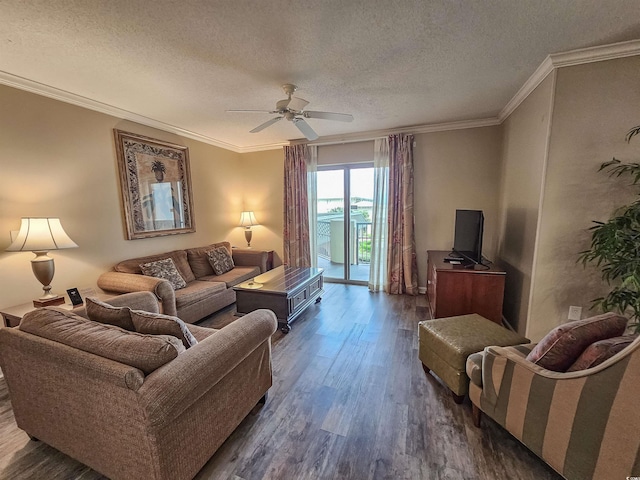 living room with dark hardwood / wood-style flooring, ornamental molding, and a textured ceiling