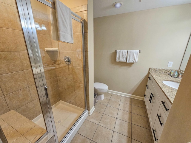 bathroom featuring walk in shower, tile patterned floors, vanity, and toilet