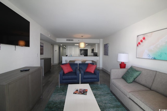 living room featuring dark wood-type flooring