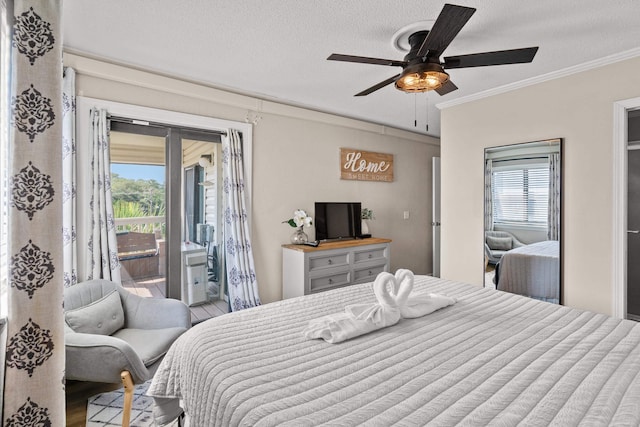 bedroom with a textured ceiling, ornamental molding, multiple windows, and access to exterior