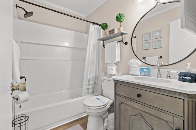 bathroom with ornamental molding, shower / bath combination with curtain, toilet, and wood finished floors