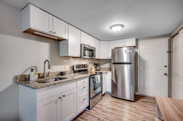 kitchen featuring stainless steel appliances, a sink, and white cabinetry