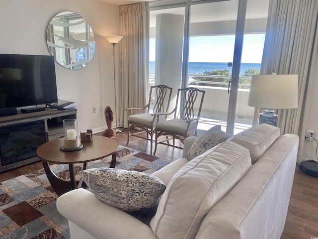 living room featuring hardwood / wood-style flooring and a water view