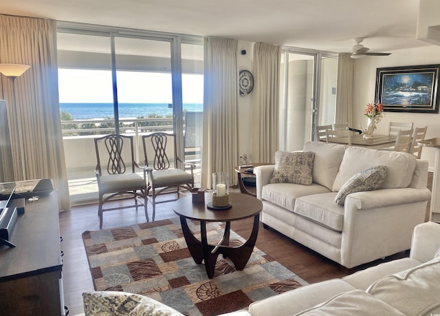 living room featuring a beach view, a water view, ceiling fan, dark hardwood / wood-style floors, and a wall of windows