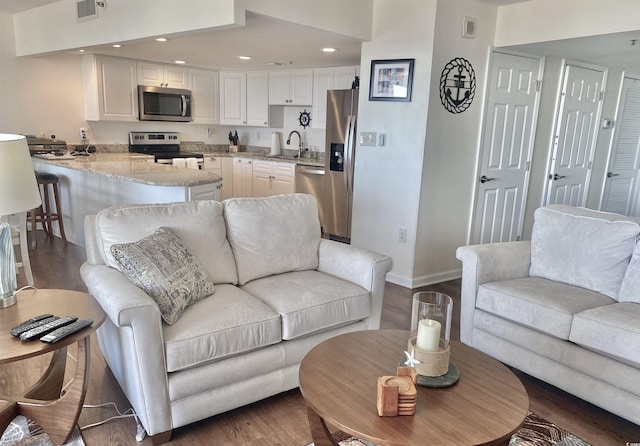 living room with sink and dark wood-type flooring