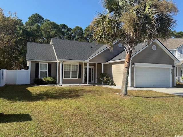 ranch-style house with a garage and a front lawn