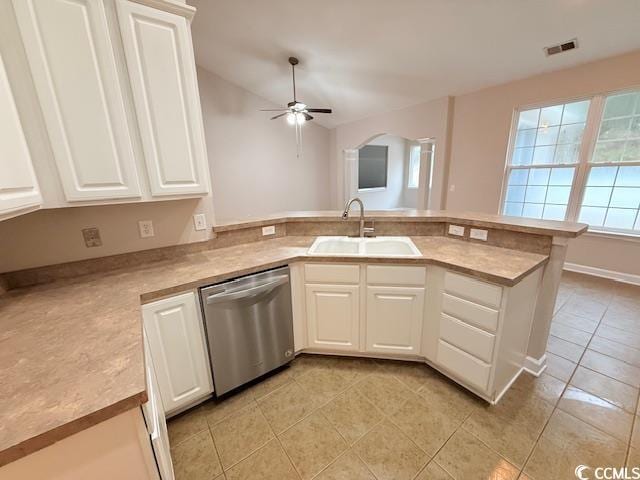 kitchen featuring white cabinetry, dishwasher, and sink