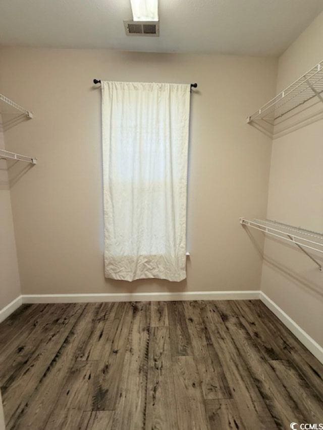 spacious closet featuring dark hardwood / wood-style floors