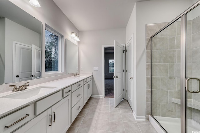 bathroom with tile patterned floors, vanity, and walk in shower